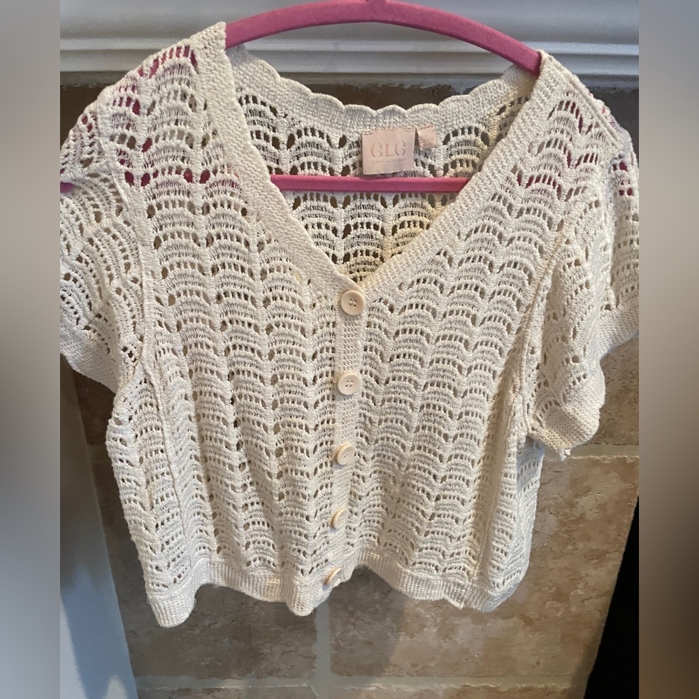 GLG Womens 💯 ctn  Ivory lace Knit Open weave crop sweater cottagecore feminine L